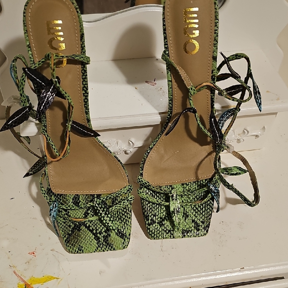 EGO Green Snake-Print Lace-Up Heels